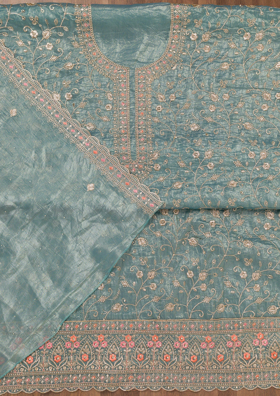 Sky Blue Zariwork Tissue Unstitched Salwar Suit-Koskii