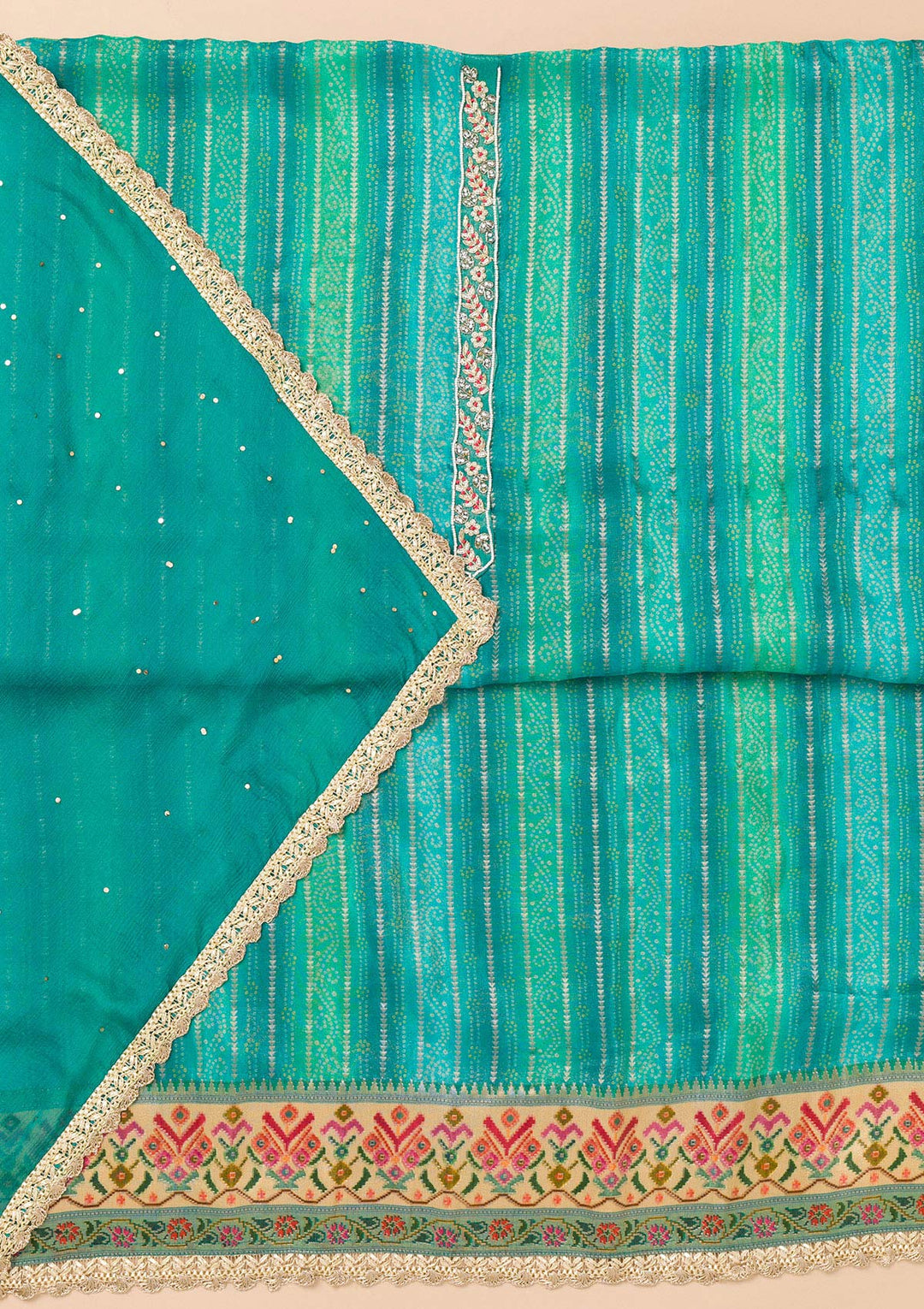 Turquoise Blue Threadwork Semi Crepe Unstitched Salwar Suit-Koskii