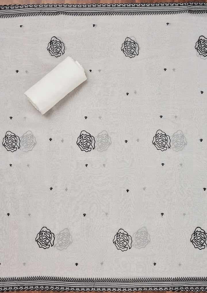 White Threadwork Printed Unstitched Salwar Suit-Koskii