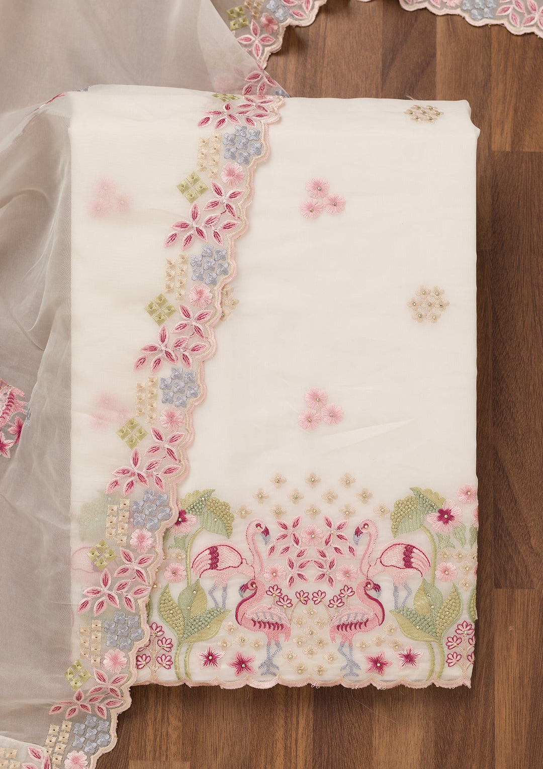 White Threadwork Tissue Unstitched Salwar Suit-Koskii