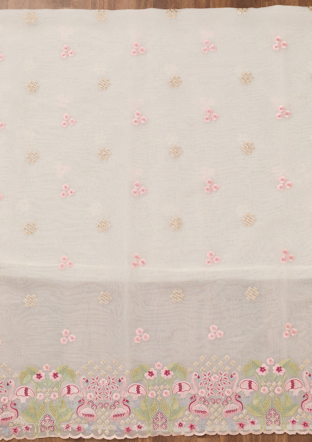 White Threadwork Tissue Unstitched Salwar Suit-Koskii