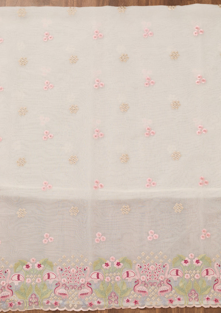 White Threadwork Tissue Unstitched Salwar Suit-Koskii
