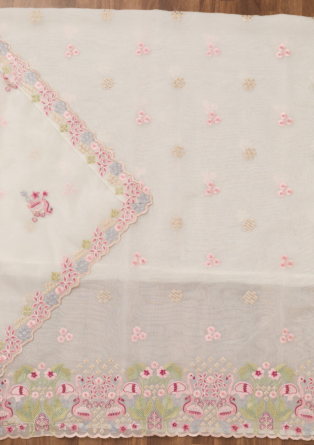 White Threadwork Tissue Unstitched Salwar Suit-Koskii