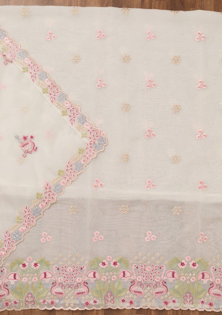 White Threadwork Tissue Unstitched Salwar Suit-Koskii