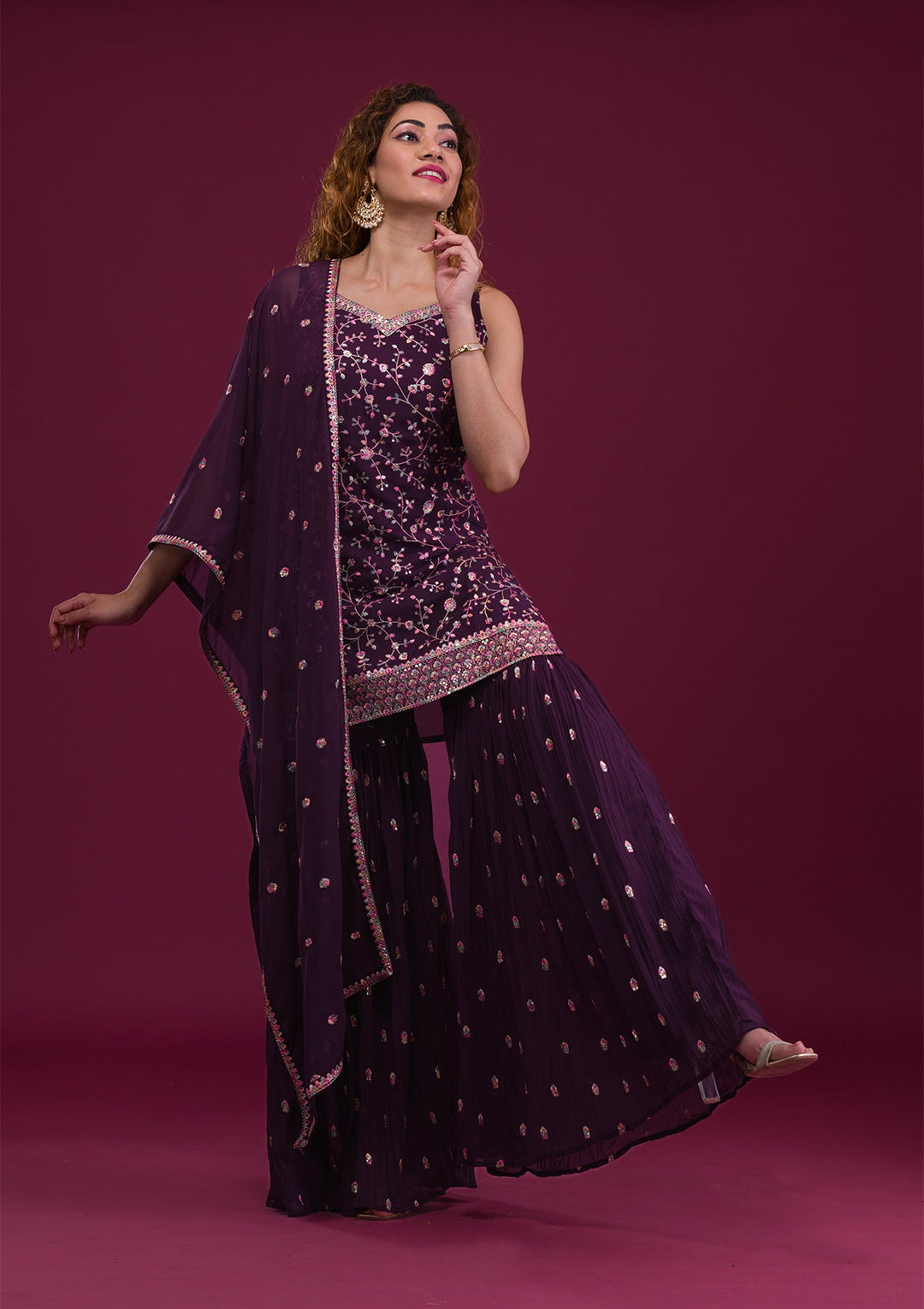 Wine Kashmiri Threadwork Georgette Readymade Salwar Kameez-Koskii