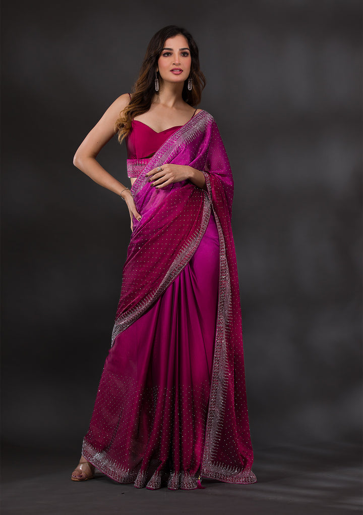 Wine Swarovski Semi Crepe Designer Saree-Koskii