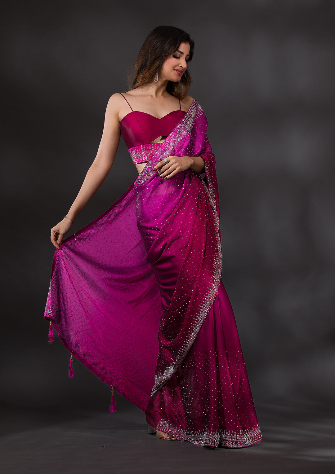 Wine Swarovski Semi Crepe Designer Saree-Koskii