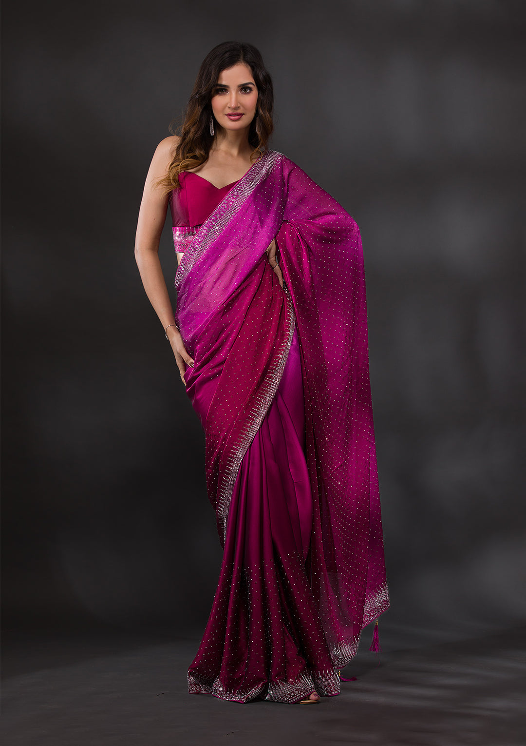 Wine Swarovski Semi Crepe Designer Saree-Koskii