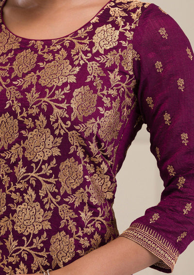 Wine Zariwork Raw Silk Readymade Salwar Suit-Koskii