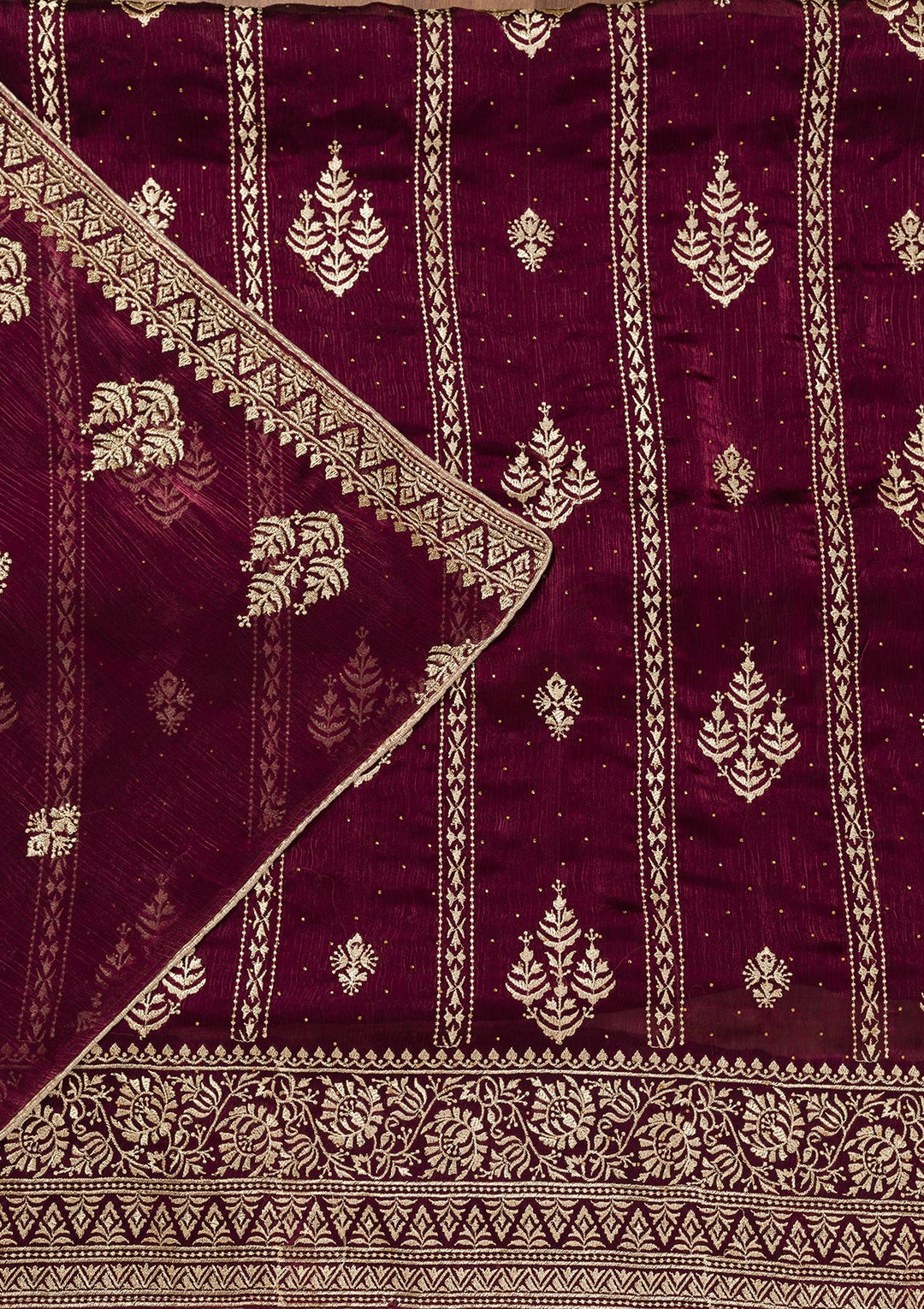 Wine Zariwork Semi Crepe Unstitched Salwar Suit-Koskii