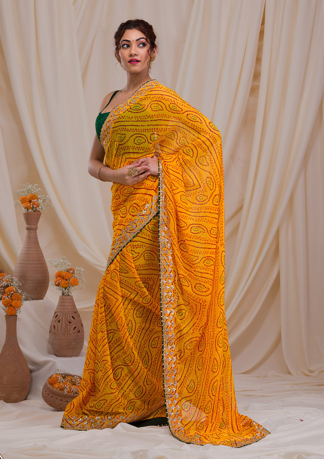 Yellow Bandhani Georgette Saree-Koskii
