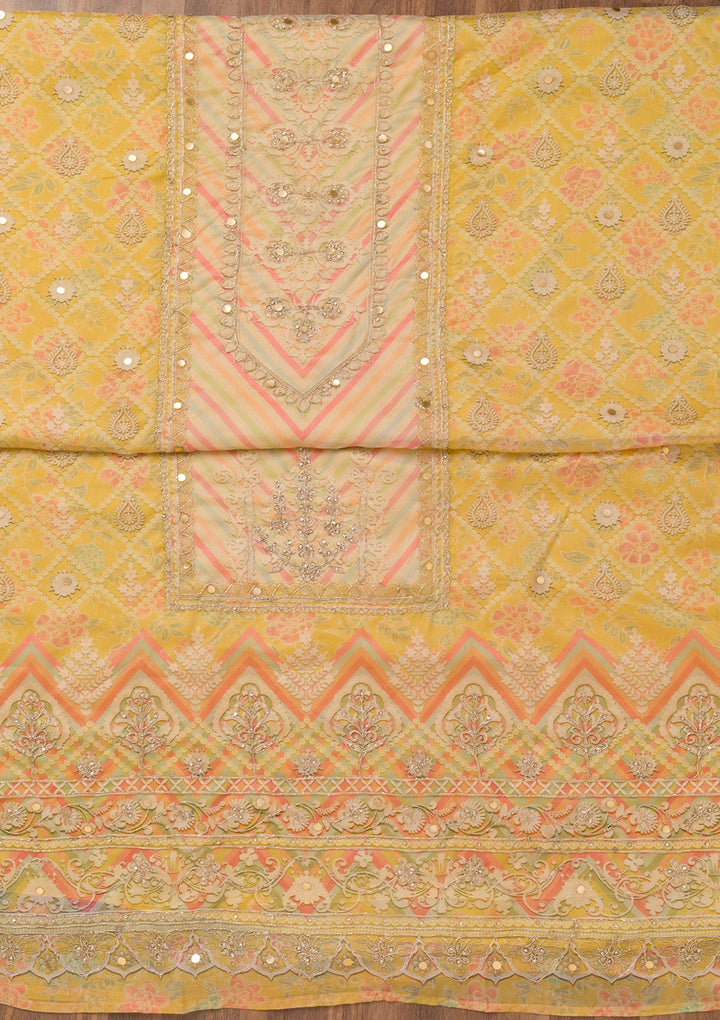 Yellow Printed Chanderi Unstitched Salwar Suit-Koskii