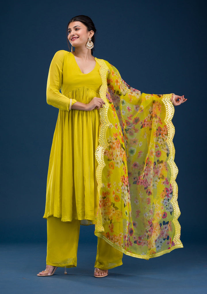 Yellow Printed Georgette Readymade Salwar Suit-Koskii