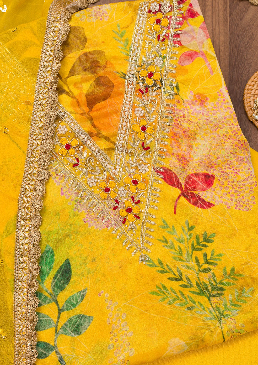 Yellow Printed Semi Crepe Unstitched Salwar Suit-Koskii