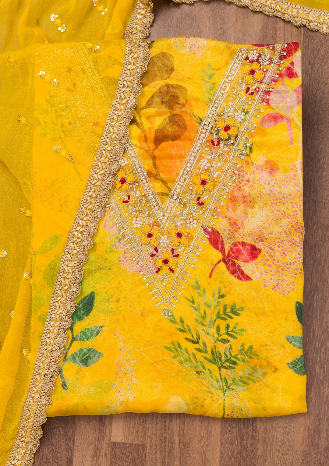 Yellow Printed Semi Crepe Unstitched Salwar Suit-Koskii