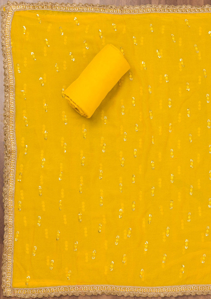 Yellow Printed Semi Crepe Unstitched Salwar Suit-Koskii