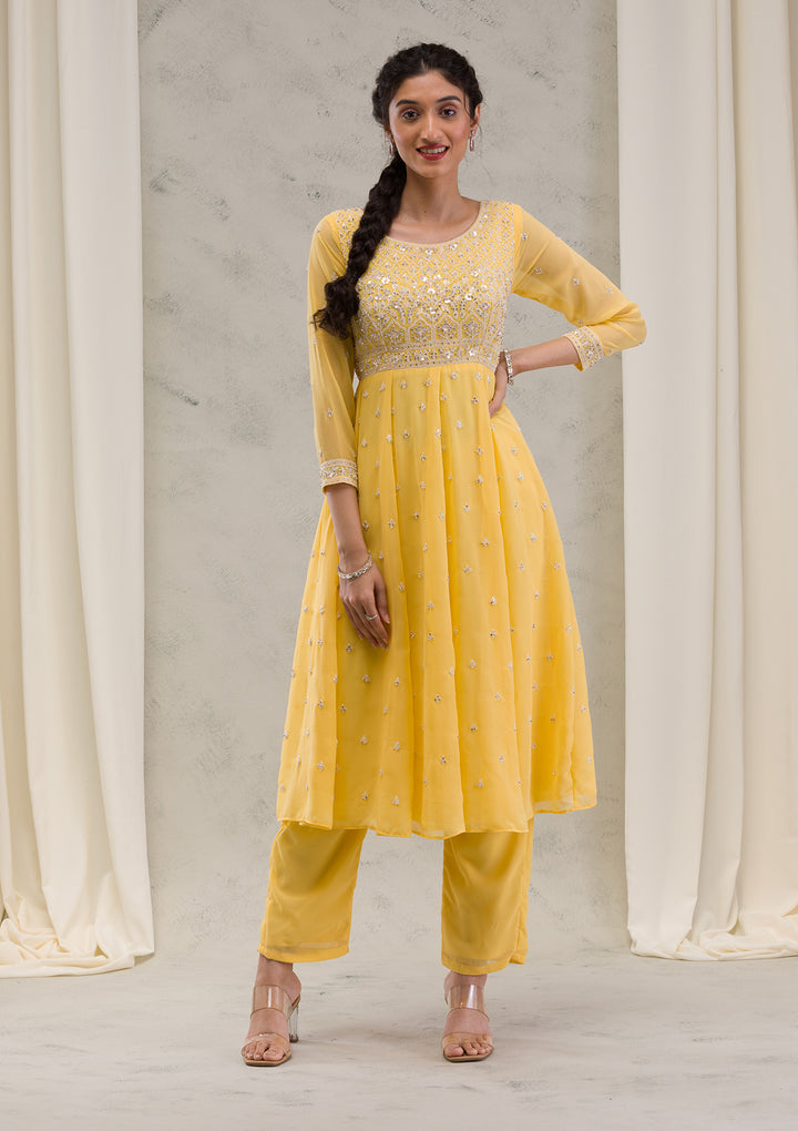 Yellow Threadwork Georgette Readymade Salwar Kameez