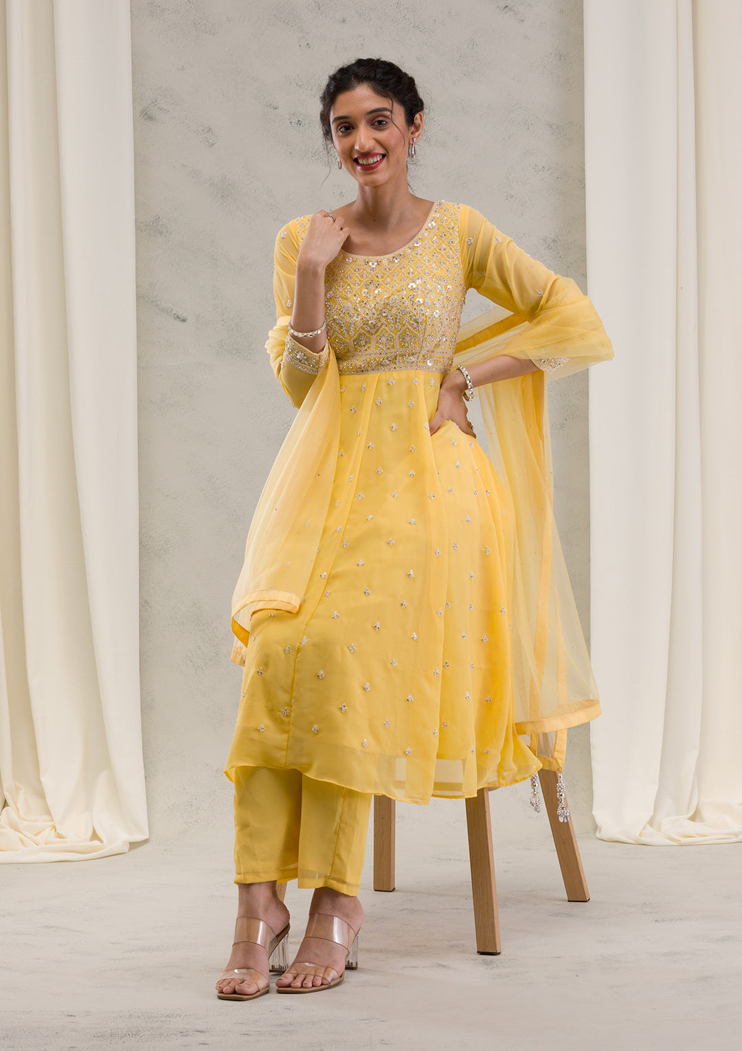 Yellow Threadwork Georgette Readymade Salwar Kameez