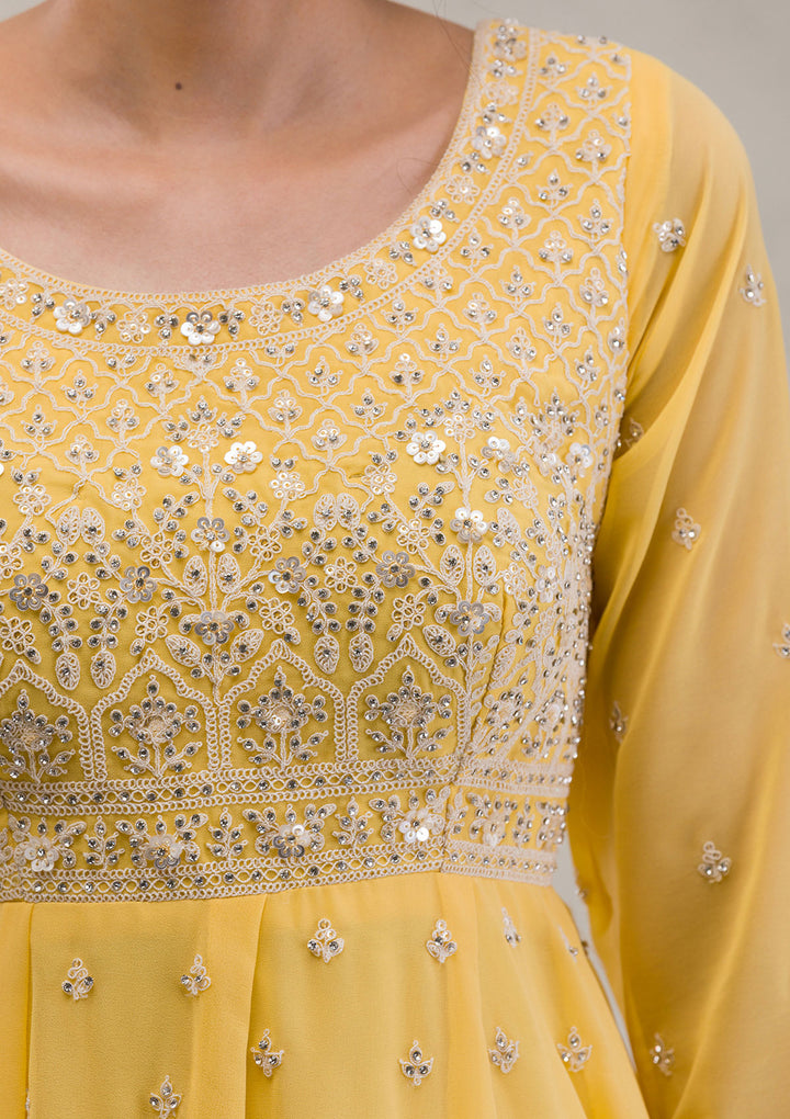 Yellow Threadwork Georgette Readymade Salwar Kameez