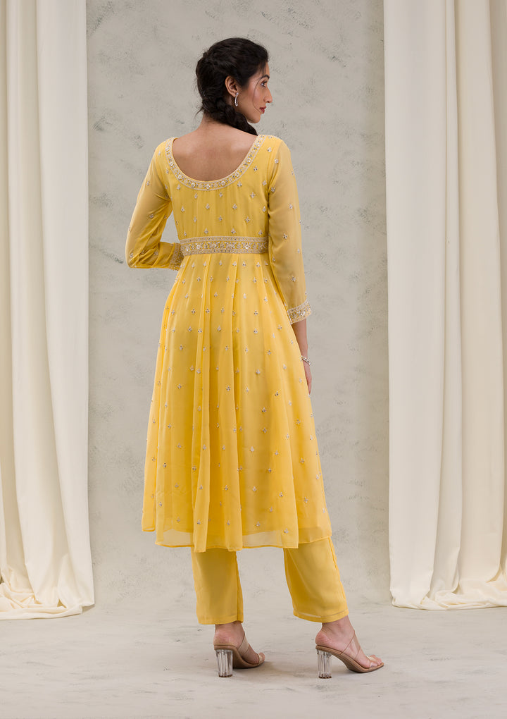 Yellow Threadwork Georgette Readymade Salwar Kameez