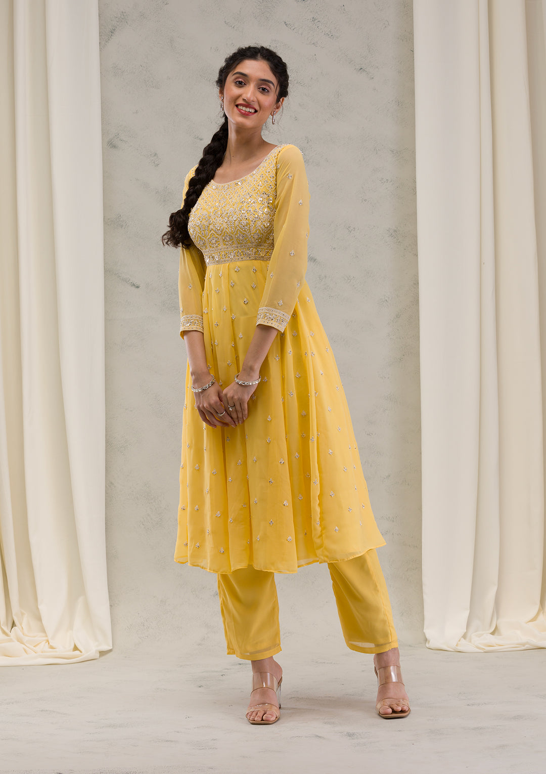 Yellow Threadwork Georgette Readymade Salwar Kameez