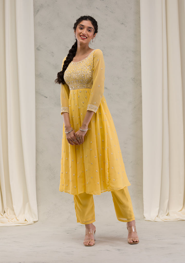 Yellow Threadwork Georgette Readymade Salwar Kameez
