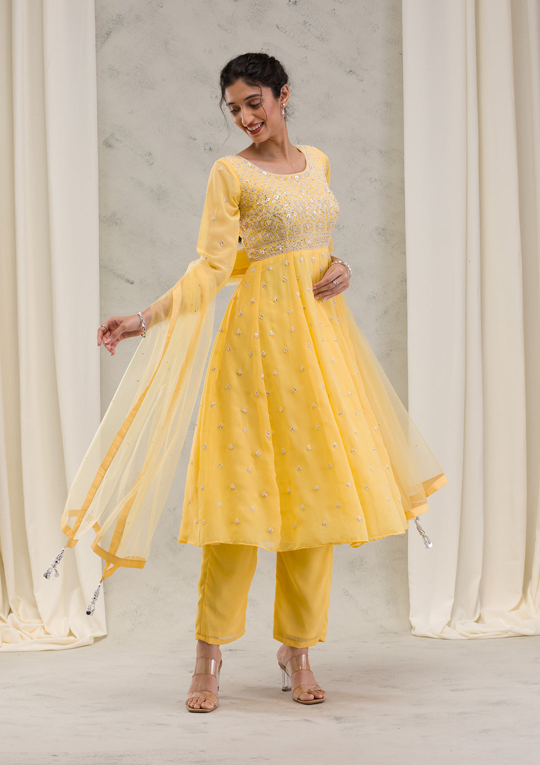 Yellow Threadwork Georgette Readymade Salwar Kameez