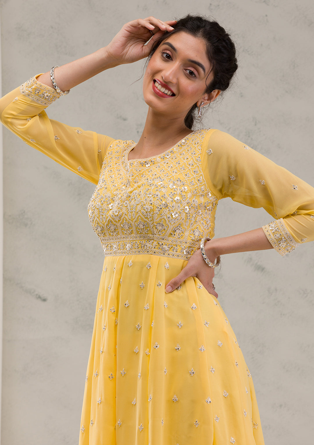 Yellow Threadwork Georgette Readymade Salwar Kameez