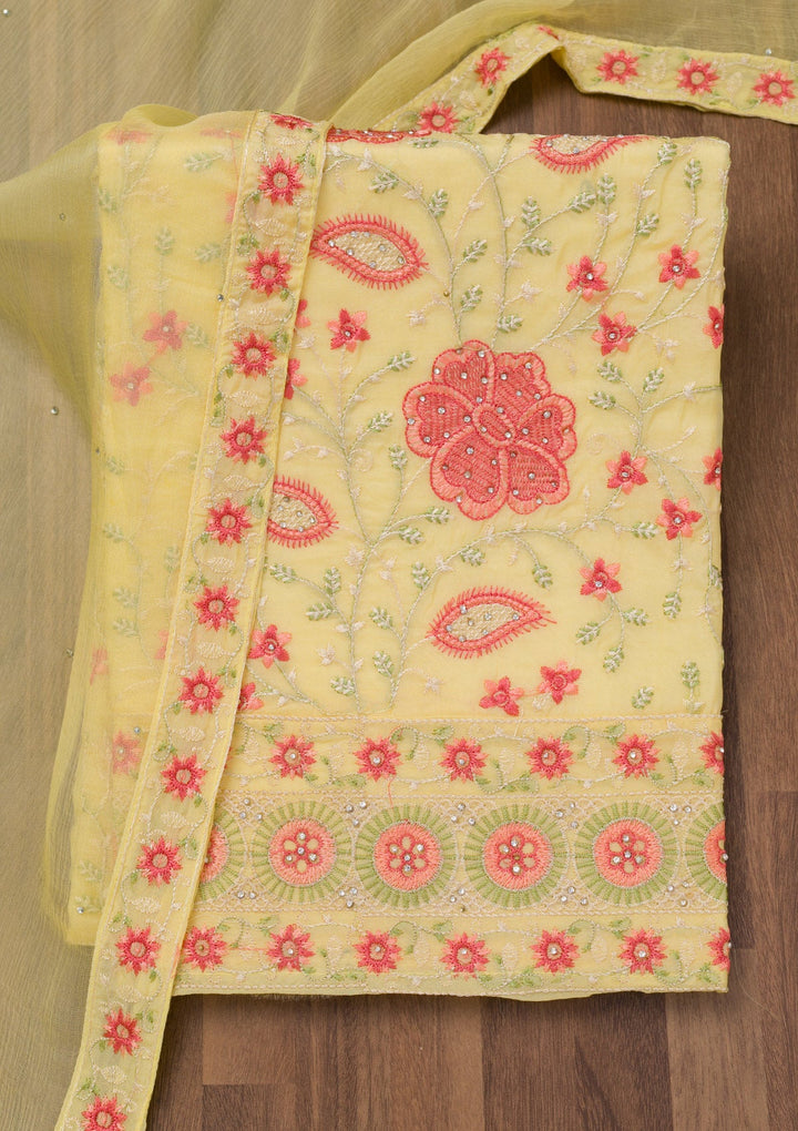 Yellow Threadwork Georgette Unstitched Salwar Suit-Koskii