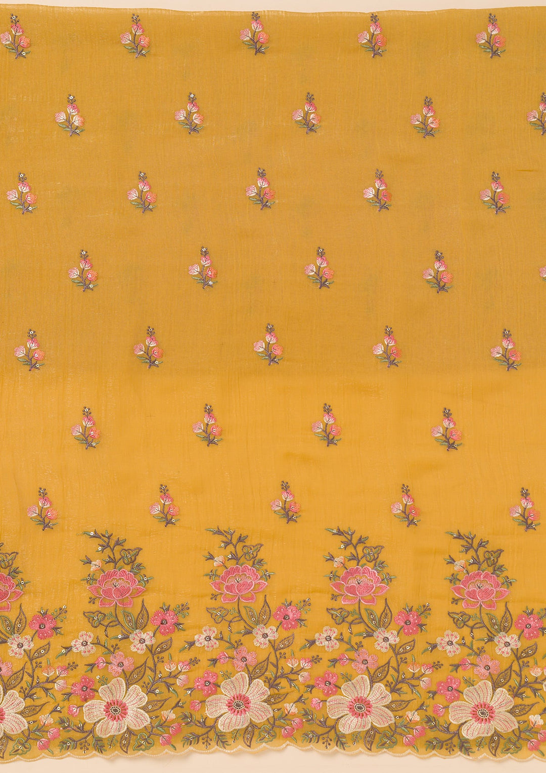 Yellow Threadwork Tissue Unstitched Salwar Suit-Koskii