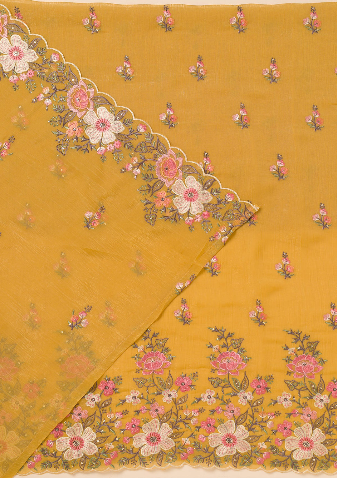Yellow Threadwork Tissue Unstitched Salwar Suit-Koskii