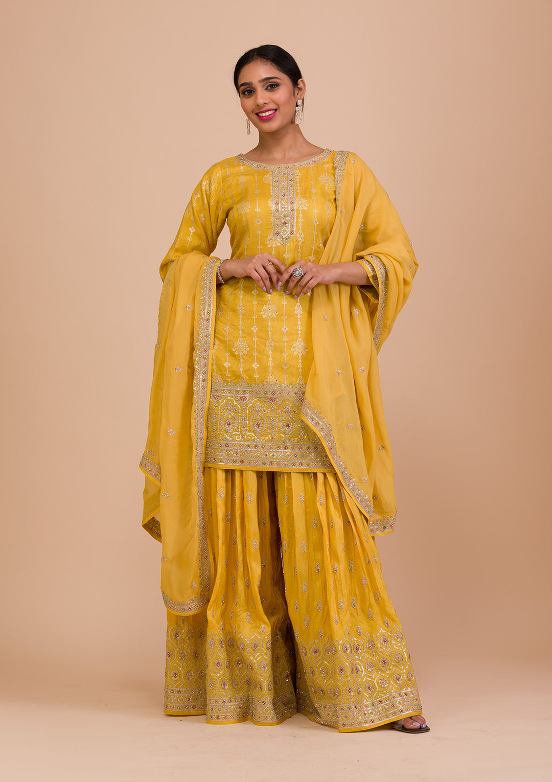 Yellow Zariwork Art Silk Readymade Salwar Kameez-Koskii