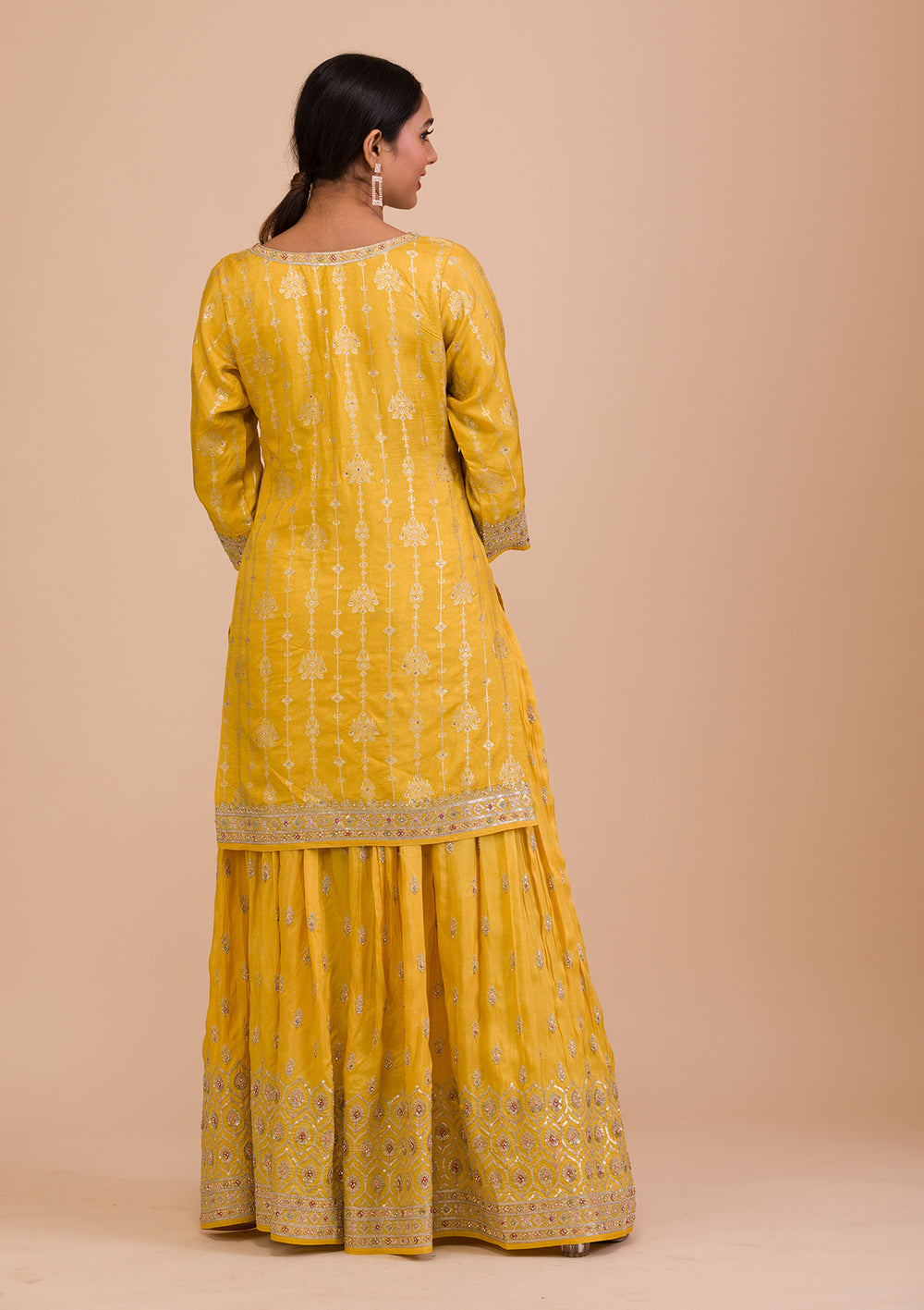 Yellow Zariwork Art Silk Readymade Salwar Kameez-Koskii