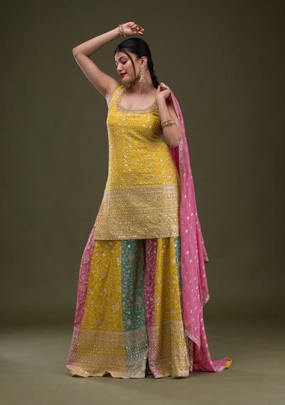 Yellow Zariwork Georgette Readymade Salwar Suit-Koskii