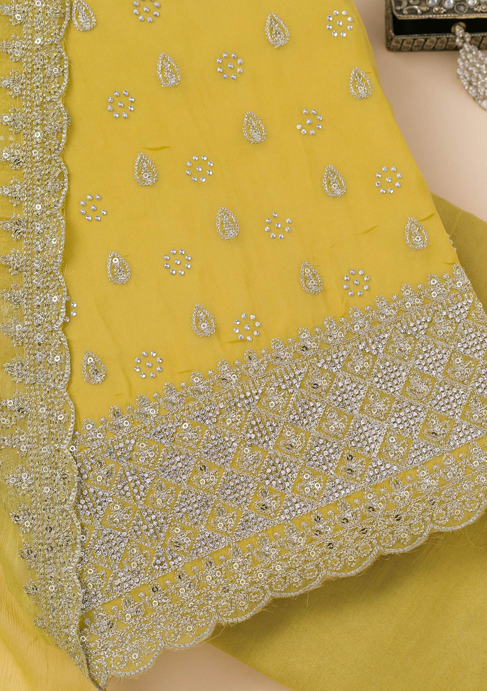 Yellow Zariwork Organza Unstitched Salwar Suit-Koskii