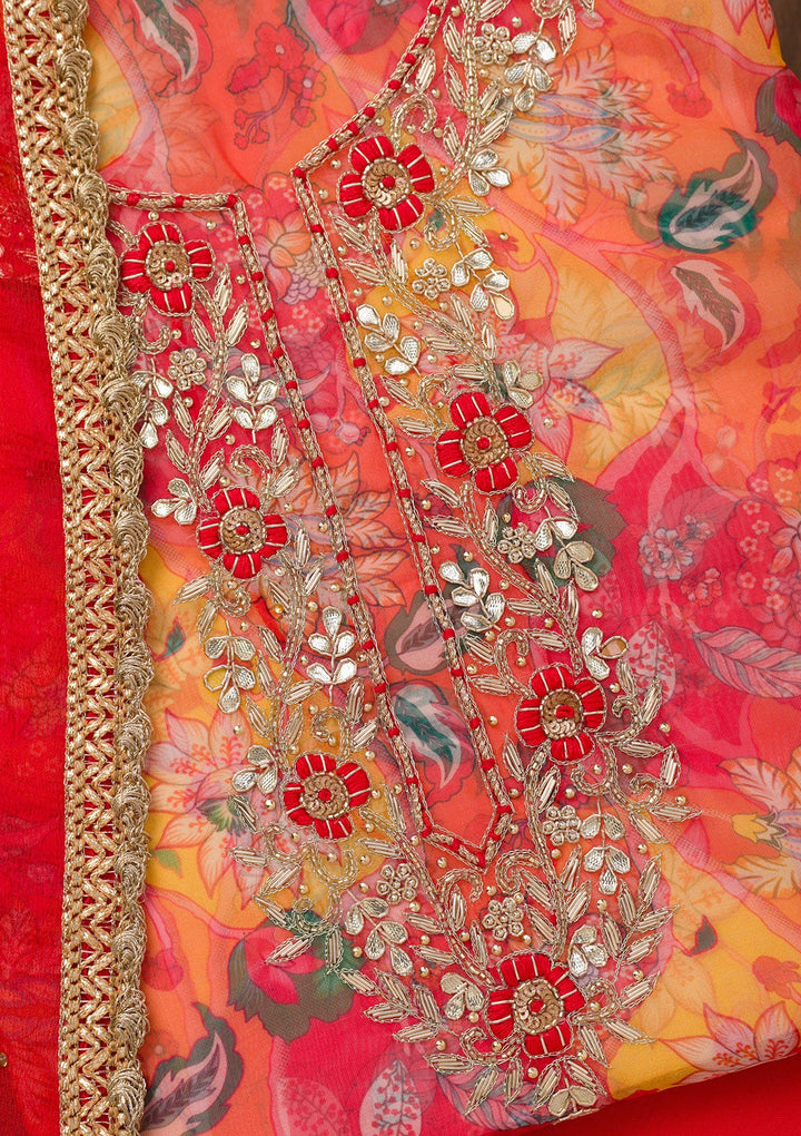 Yellow Zariwork Organza Unstitched Salwar Suit-Koskii