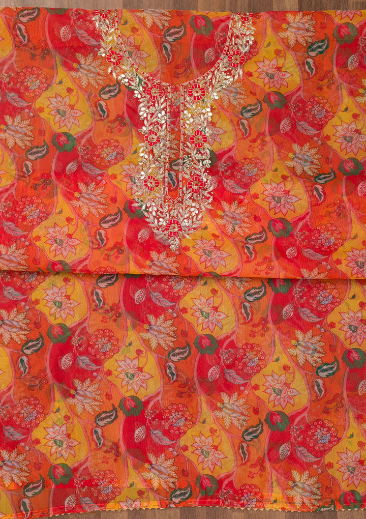 Yellow Zariwork Organza Unstitched Salwar Suit-Koskii