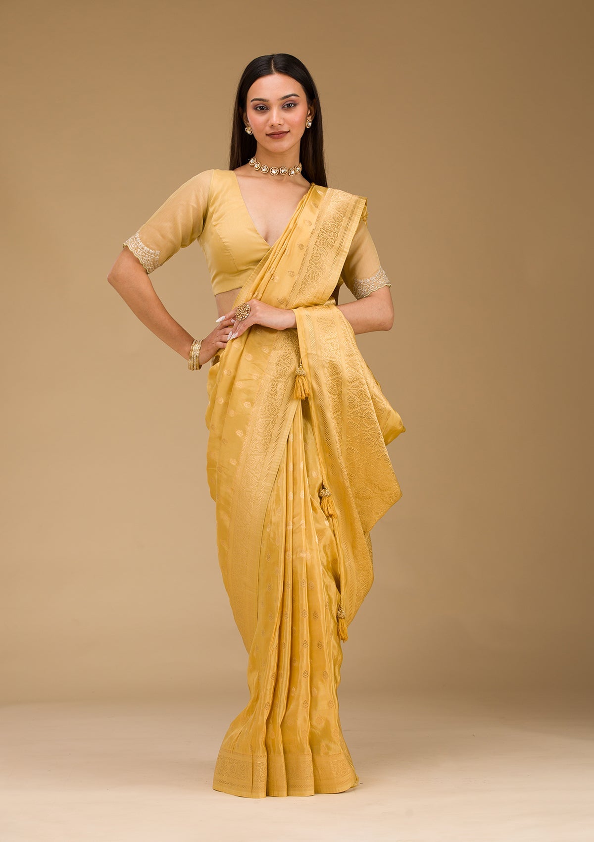 Buy Yellow Zariwork Raw Silk Saree - Koskii