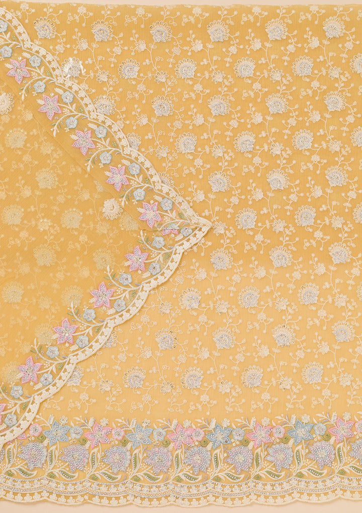 Yellow Zariwork Tissue Unstitched Salwar Suit-Koskii