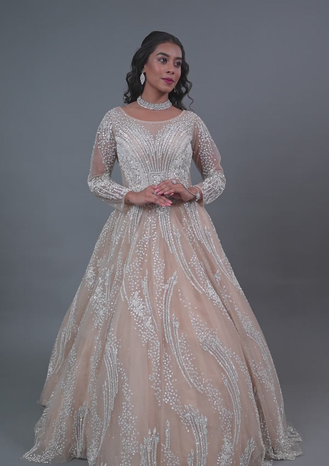 Beige Stonework Net Gown