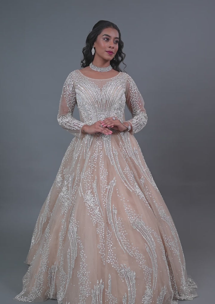 Beige Stonework Net Gown