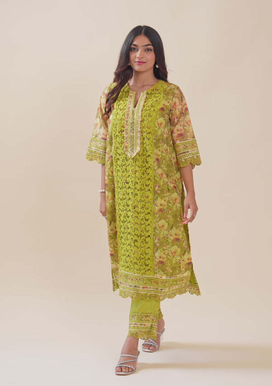 Parrot Green Printed Organza Unstitched Salwar Suit