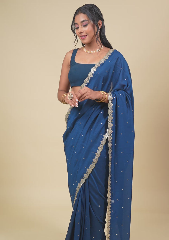 Peacock Blue Gotapatti Raw Silk Saree
