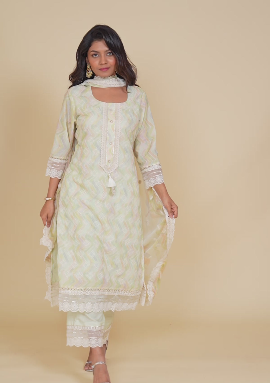 Pista Green Cutwork Cotton Readymade Salwar Kameez