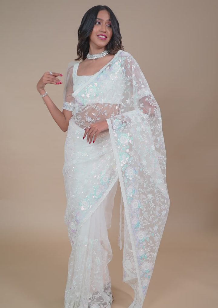 Off White Sequins Tissue Saree