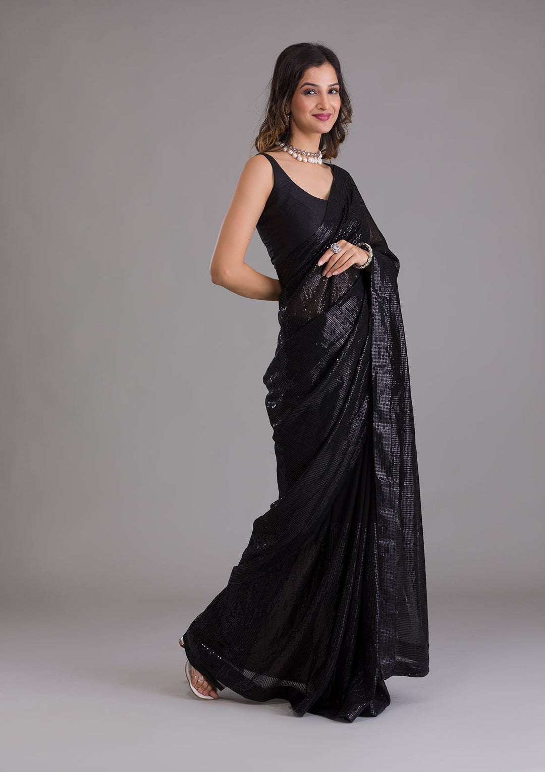 Black Sequins Georgette Saree-Koskii