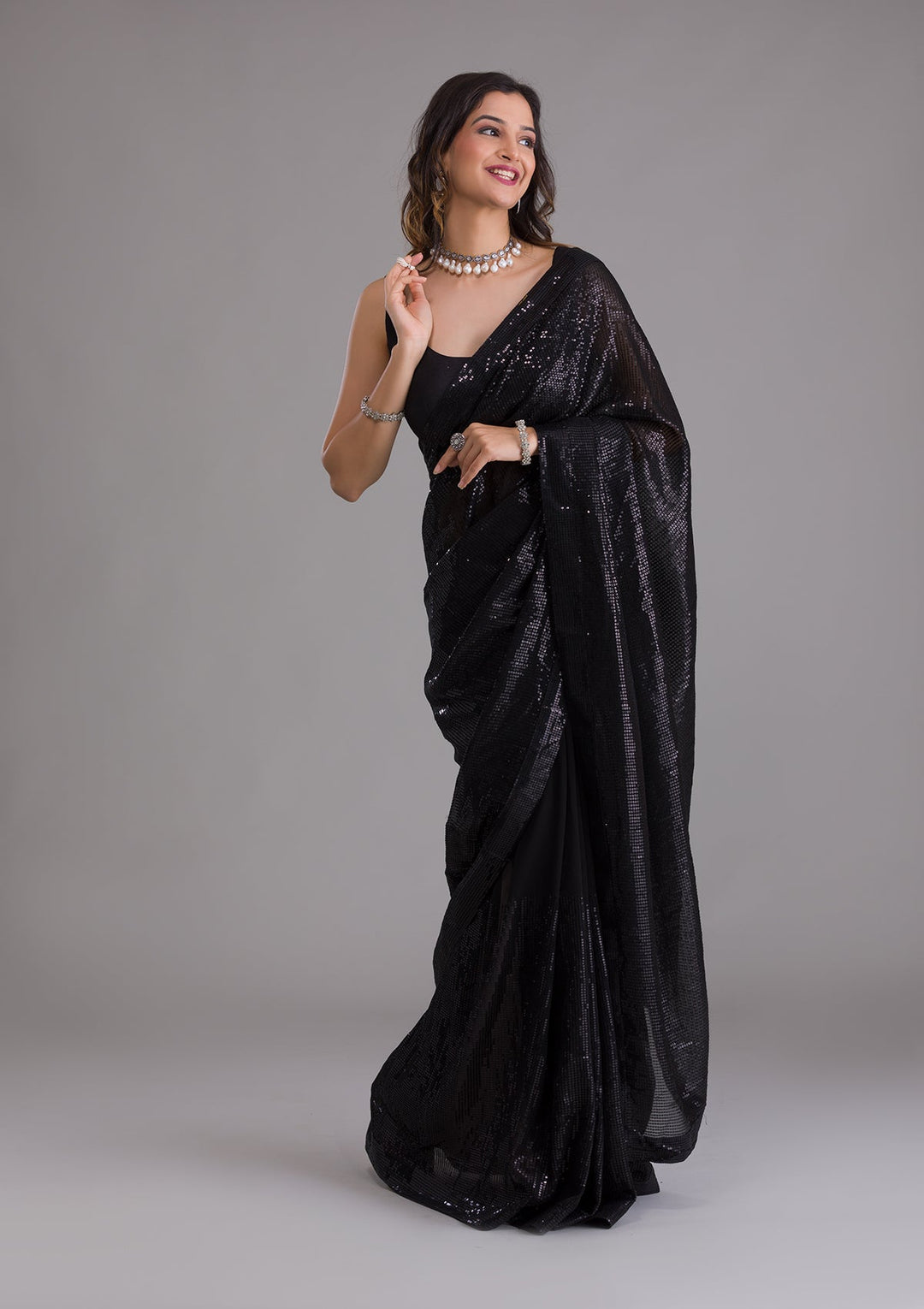 Black Sequins Georgette Saree-Koskii