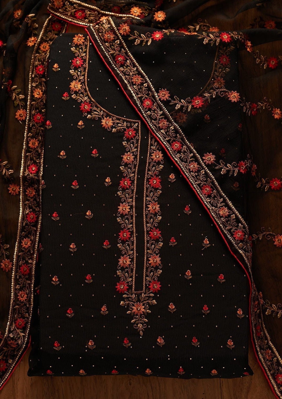 Black Swarovski Georgette Designer Unstitched Salwar Suit - koskii