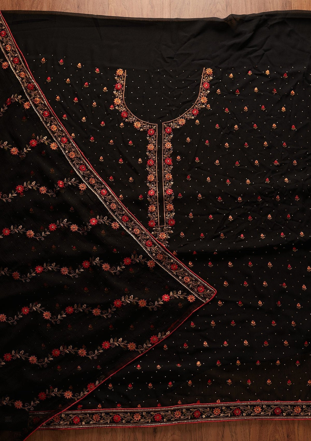Black Swarovski Georgette Designer Unstitched Salwar Suit - koskii