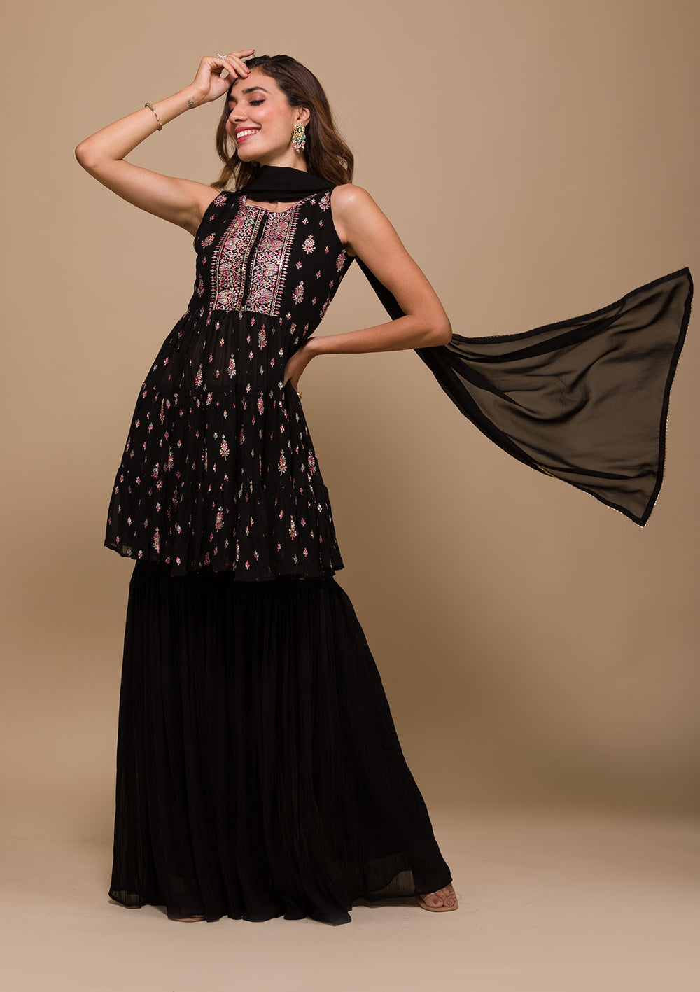 Black Threadwork Georgette Readymade Salwar Kameez-Koskii